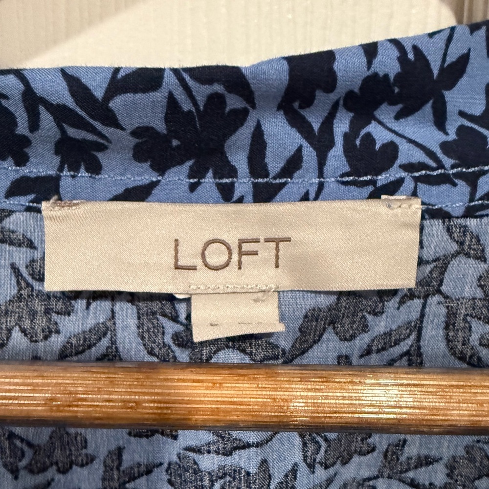 LOFT Blue Patterned Tie Neck Blouse - image 3